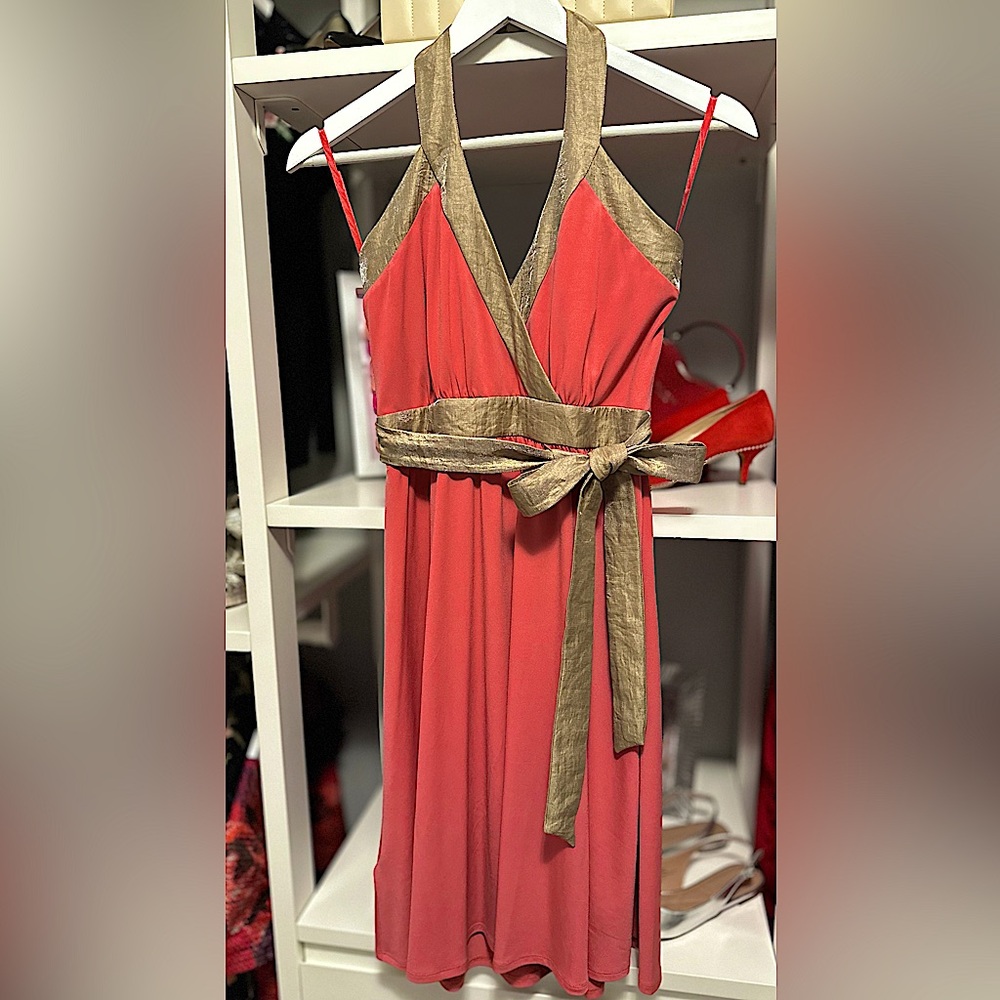 BCBG Paris Coral Pink Halter with Gold Foil Contrast Trim and Tie Belt NWT